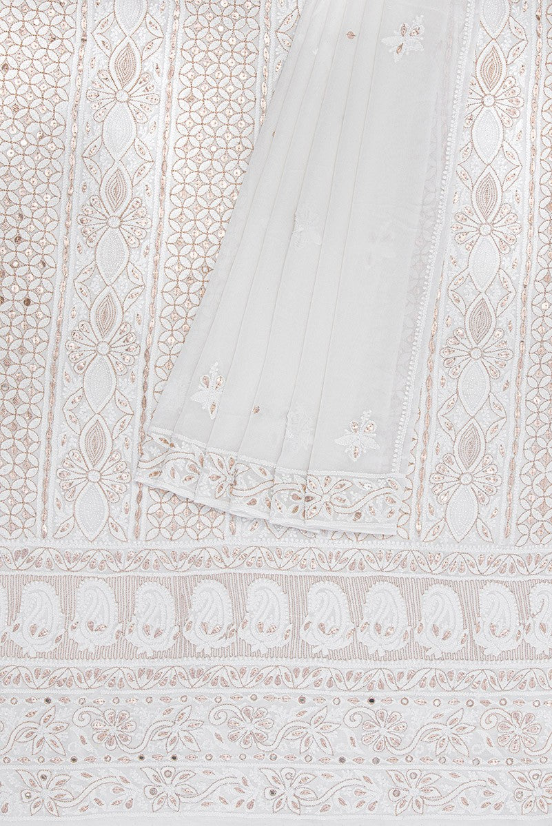 Ada Hand Embroidered White Pure Georgette Lucknowi Chikan Unstitched Kurta Dupatta Set With Gota Patti Work- A454104