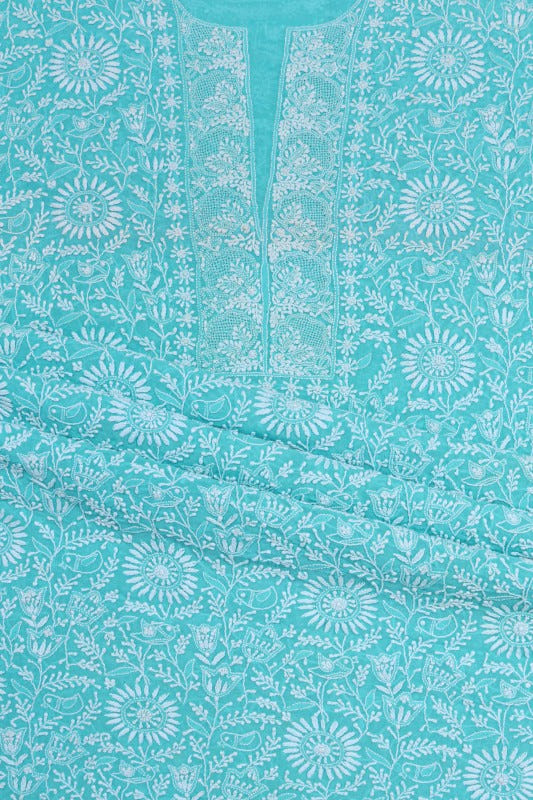 Ada Hand Embroidered Blue Pure Georgette Lucknowi Chikan Unstitched Kurta Dupatta Set A544138