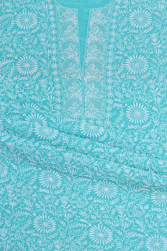 Ada Hand Embroidered Blue Pure Georgette Lucknowi Chikan Unstitched Kurta Dupatta Set A544138