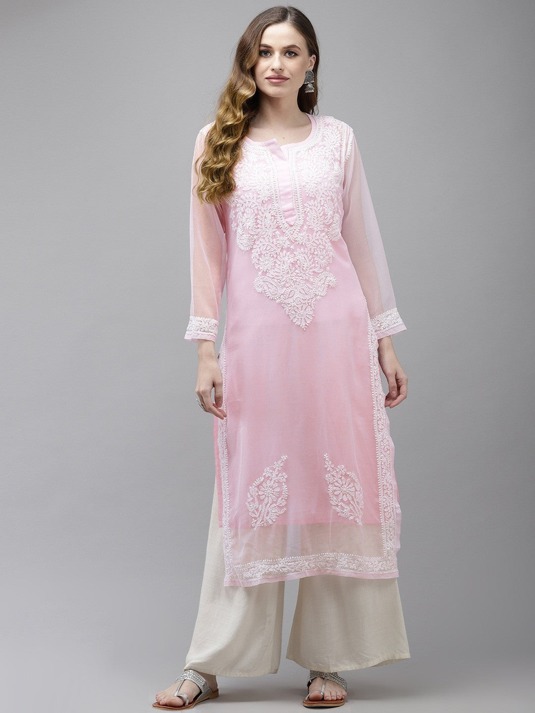 Ada Hand Embroidered Baby Pink Georgette Lucknow Chikan Kurta with Slip A411364