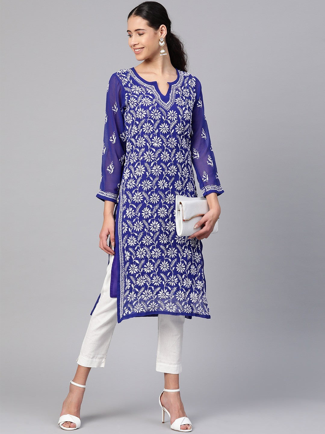 Ada Hand Embroidered Royal Blue Georgette Lucknowi Chikankari Straight Kurta with Slip A100347