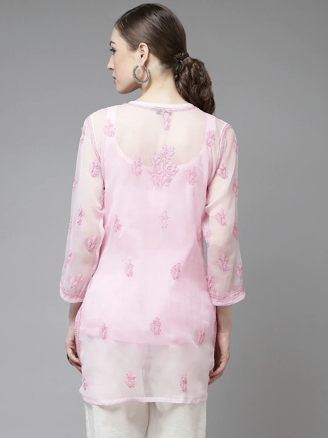 Ada Hand Embroidered Pink Georgette Lucknow Chikan Kurti With slip-A911138