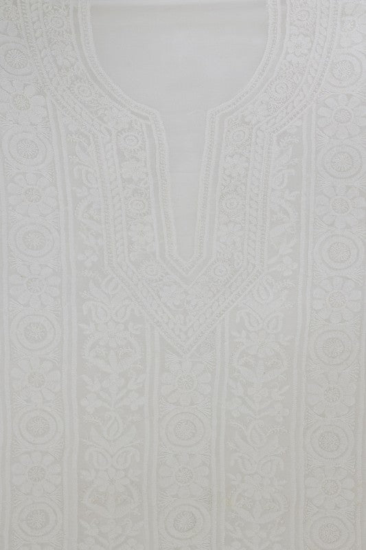 Ada Hand Embroidered White Georgette Lucknowi Chikan Unstitched Kurta Piece- A621926