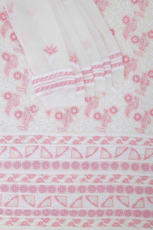 Ada Hand Embroidered White Pure Georgette Lucknowi Chikan Unstitched Kurta Dupatta Set with Pearl Work A615370