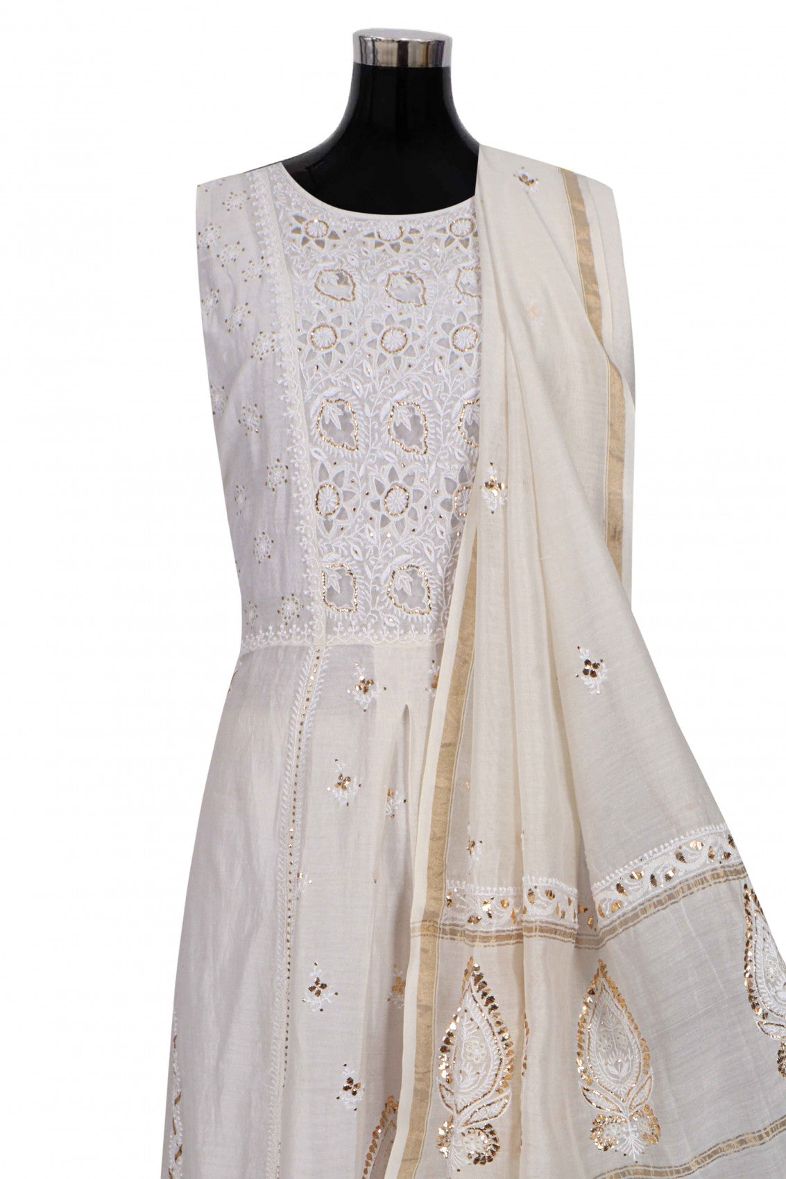 Ada Hand Embroidered Off White Chanderi Lucknowi Chikankari Semi Stitched Anarkali Kurta Dupatta Set With Muqaish Work 01A107812