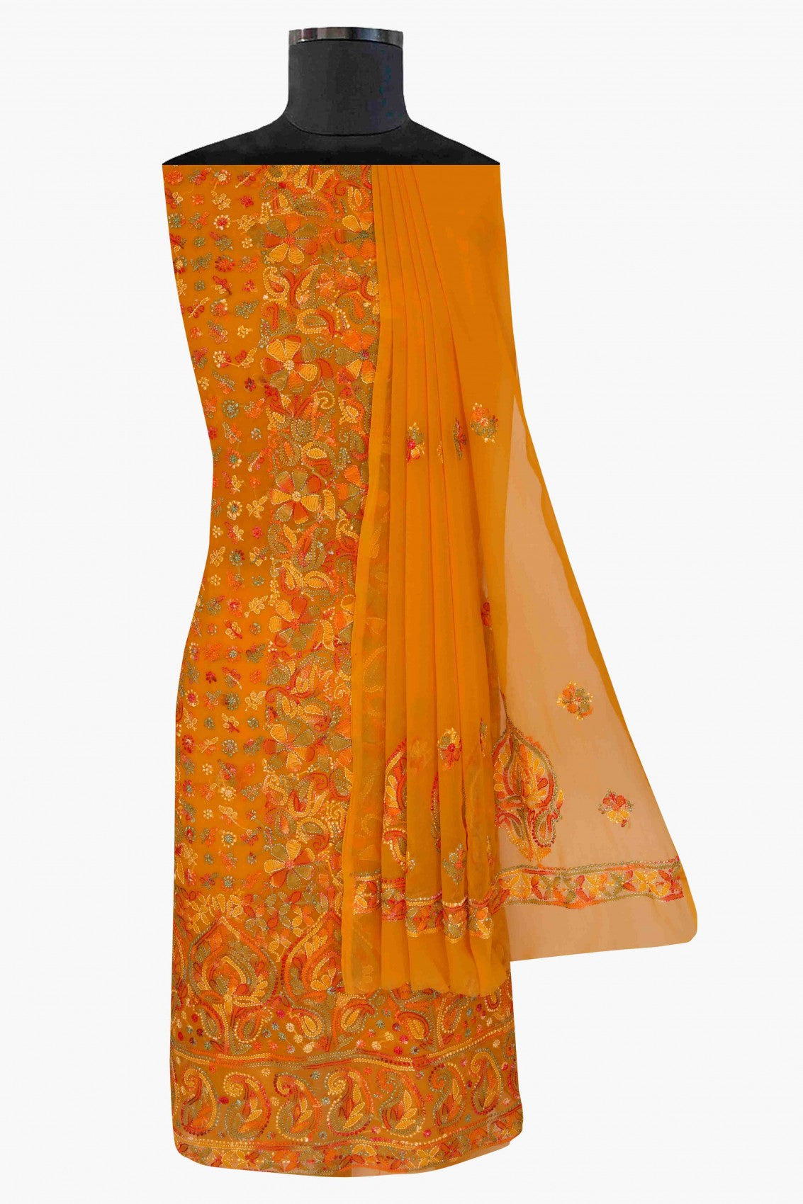 Ada Hand Embroidered Mustard Georgette Lucknowi Chikankari Unstitched Suit Piece A211172
