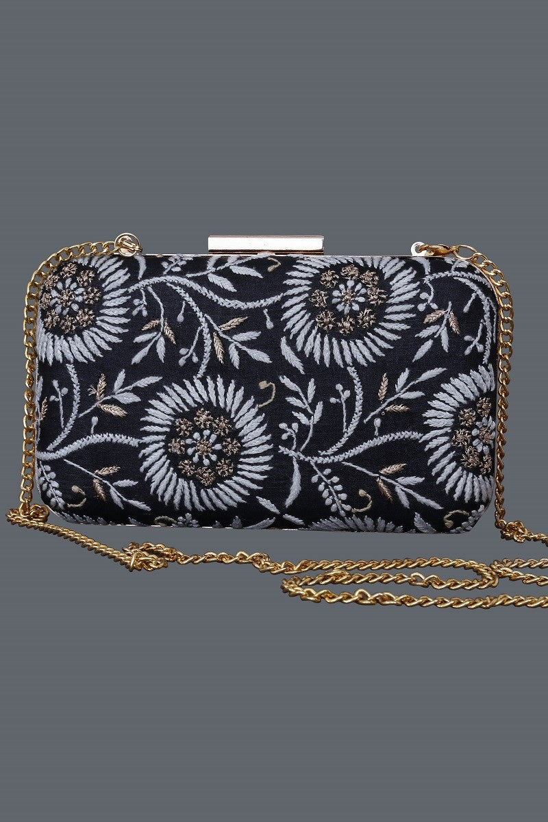 Ada Hand Embroidered Black Silk Lucknow Chikankari Clutch- A601428