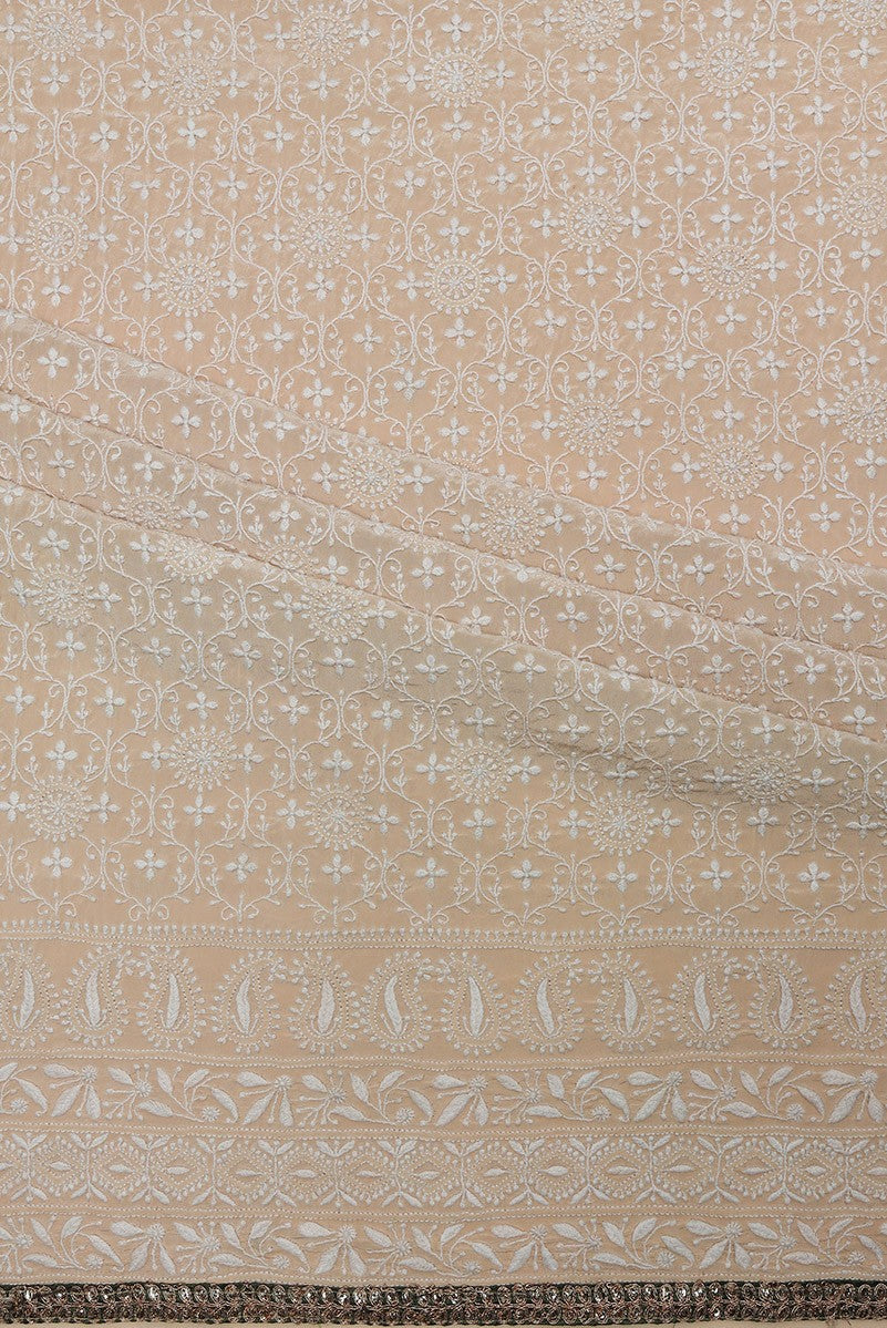 Ada Hand Embroidered Fawn Crepe Lucknowi Chikan Unstitched Kurta Dupatta Set- A56622