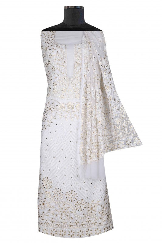 Ada Hand Embroidered White Georgette Lucknowi Chikan Unstitched Kurta Dupatta Set with Gotapatti & Zari Work A336652