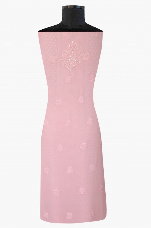 Ada Hand Embroidered Baby Pink Georgette Lucknowi Chikan Unstitched Kurta Piece with Gota Patti Work A579389