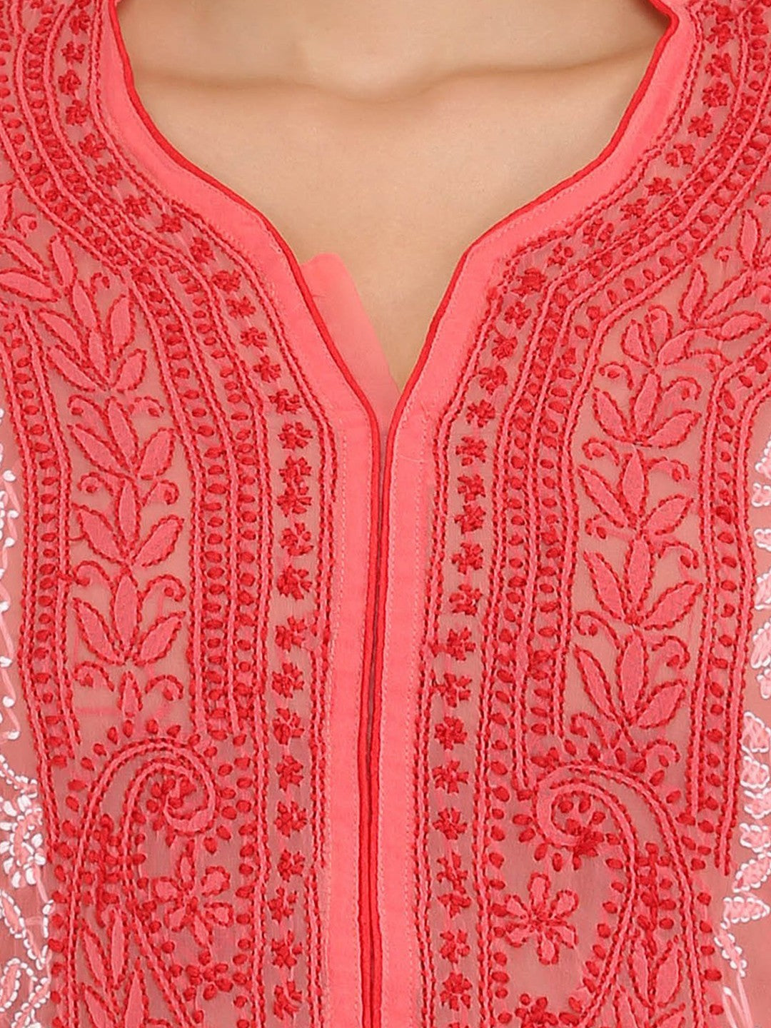 Ada Hand Embroidered Carrot Pink Georgette Lucknow Chikan Kurta A280302