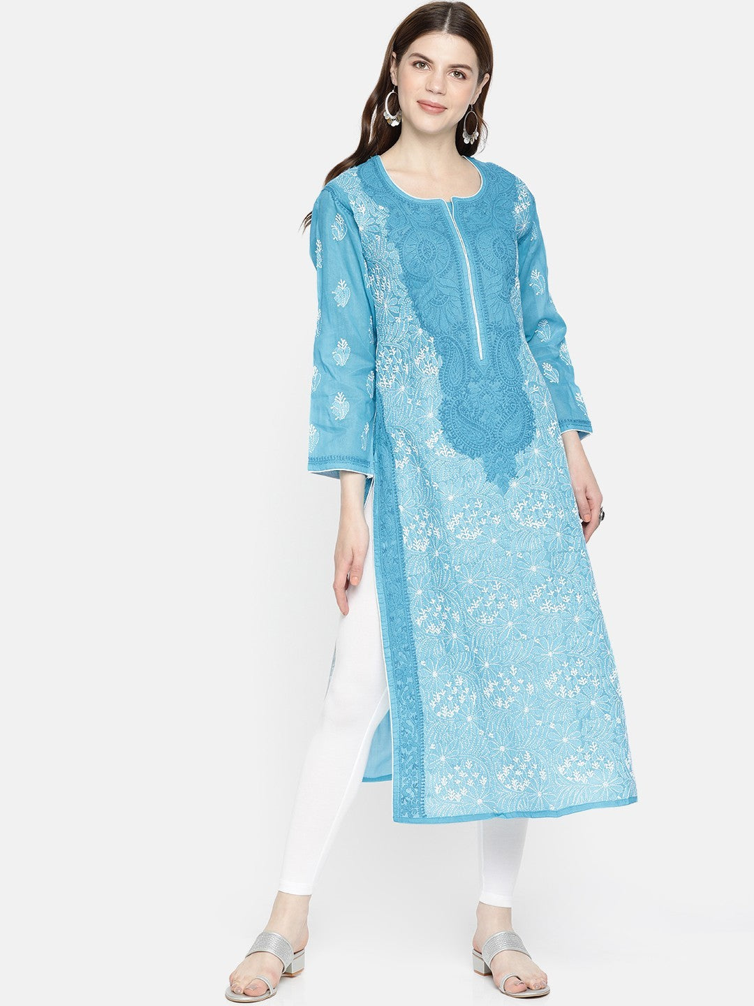 Ada Hand Embroidered Blue Cotton Lucknowi Chikankari Straight Kurta A241895