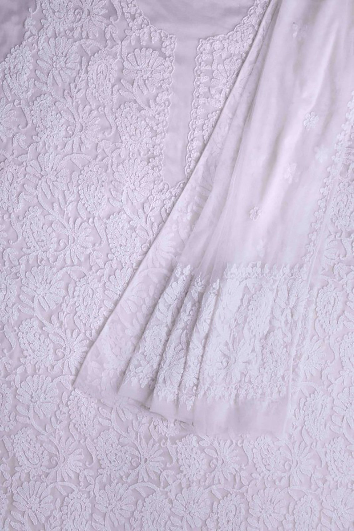 Ada Hand Embroidered White Net Lucknowi Chikankari Unstitched Kurta Dupatta A119279