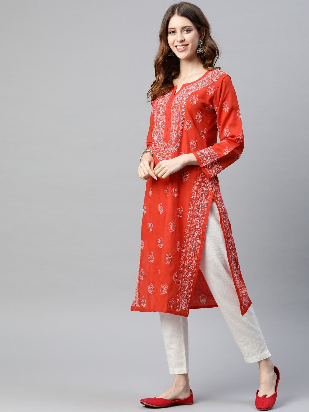 Ada Hand Embroidered Red Cotton Lucknowi Chikan straight Kurta A220800