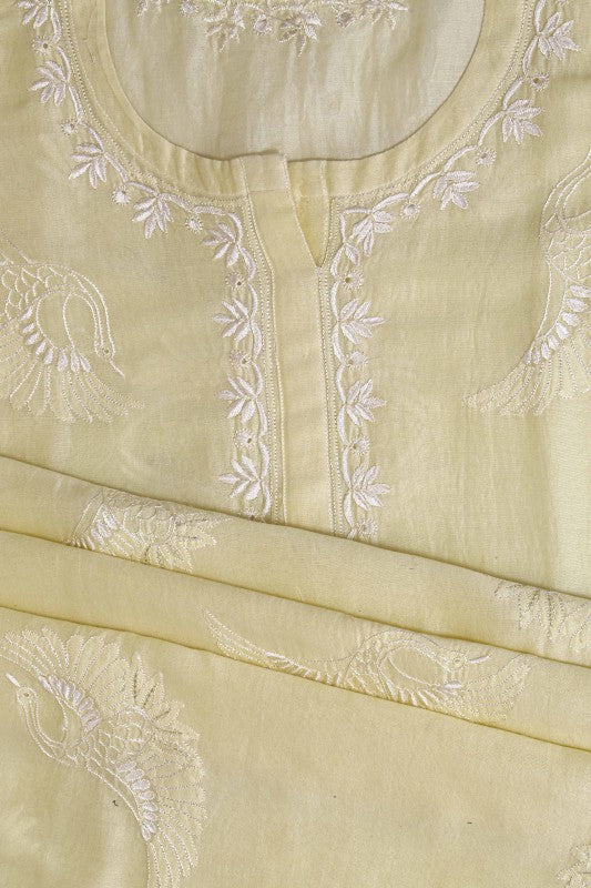Ada Hand Embroidered Lemon Silk Chikan Unstitched Kurta Piece With Zari Work A534060