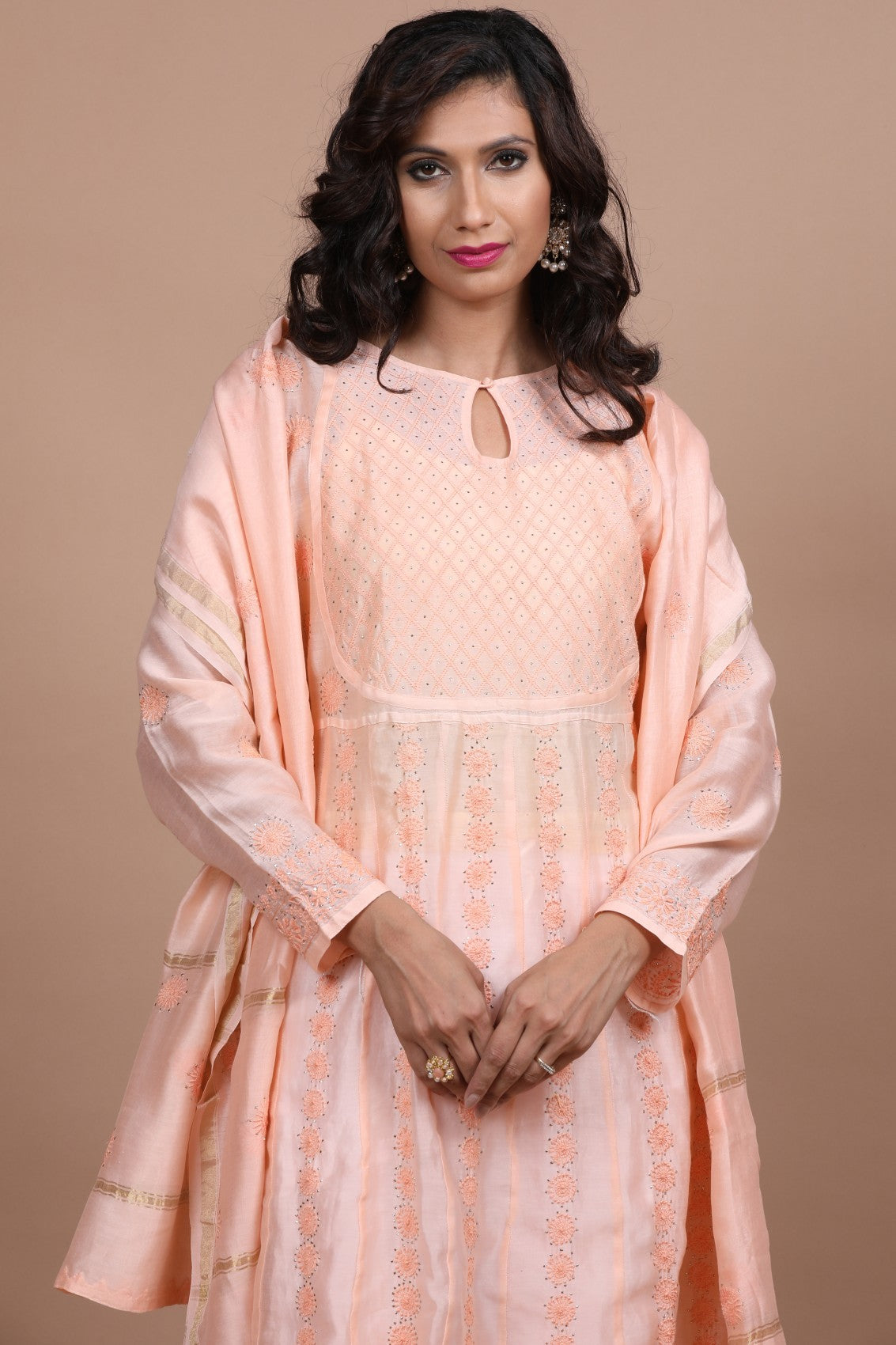 Ada Hand Embroidered Salmon Peach Chanderi Lucknowi Chikankari Semi-Stitched Anarkali Kurta Dupatta Set With Muqaish Work A588008
