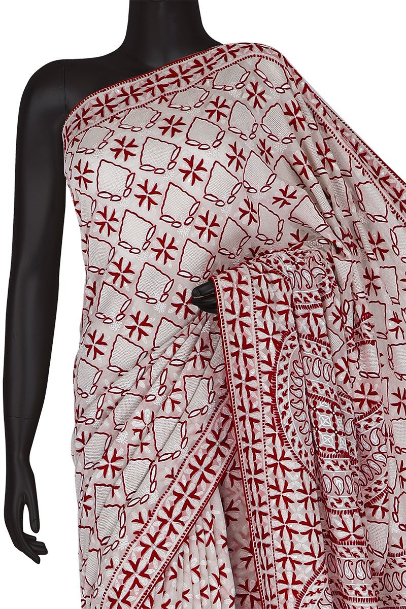 Ada Hand Embroidered White Pure Georgette Lucknowi Chikankari Saree /Blouse with Sequinned Work A98286