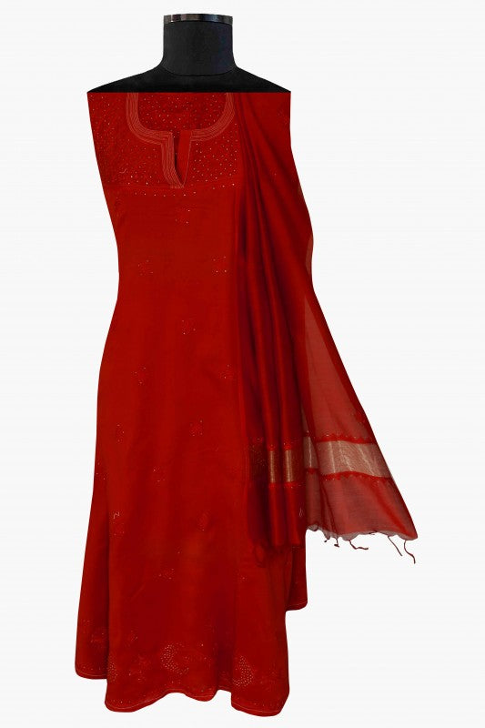 Ada Hand Embroidered Maroon  Chanderi Lucknowi Chikan Semi-stitched Kurta Dupatta Set With Muqaish Work-A577229
