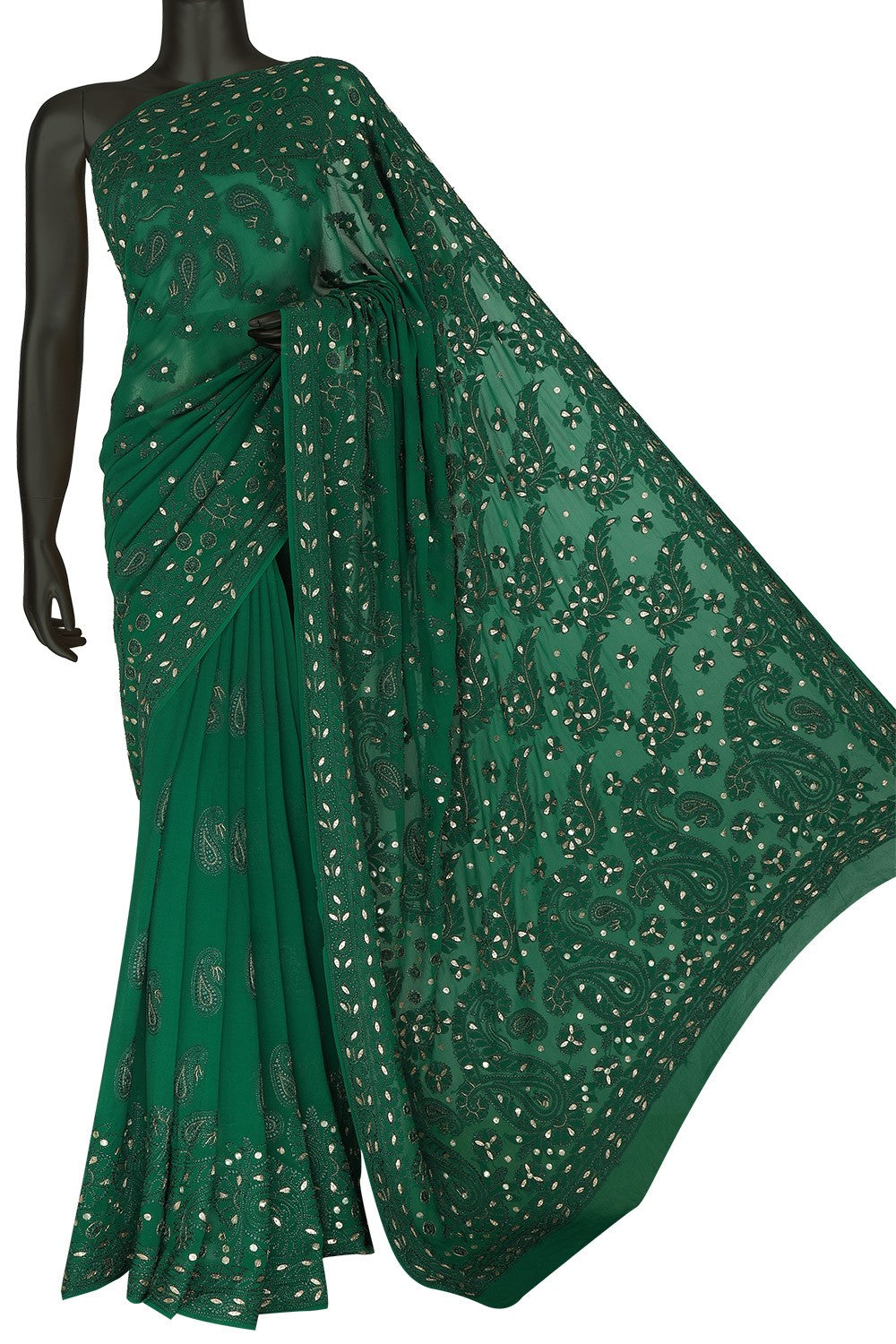 Ada Hand Embroidered Bottle Green Pure Georgette Lucknowi Chikankari Saree With Blouse with Gota Patti Work A619745
