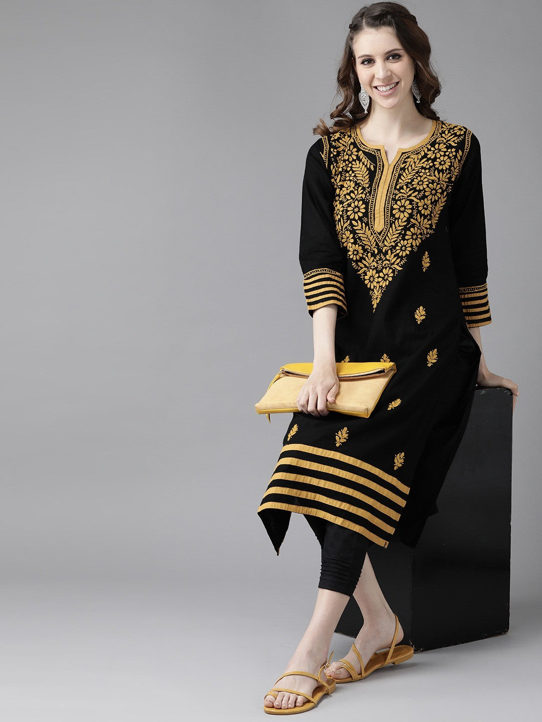 Ada Hand Embroidered Black Cotton Lucknowi Chikankari Straight Kurta Set A811184