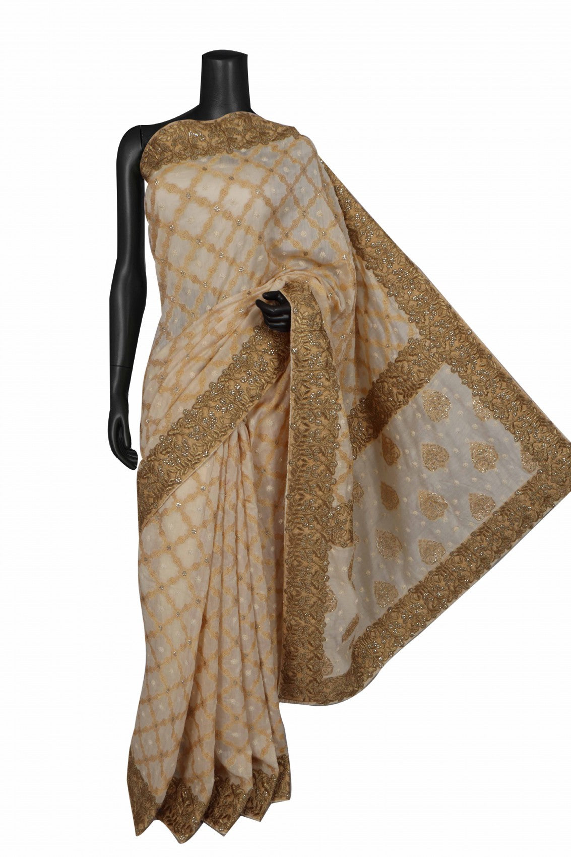 Ada Hand Embroidered Fawn Chanderi Lucknowi Chikankari Saree With Blouse With Zari Work A302299