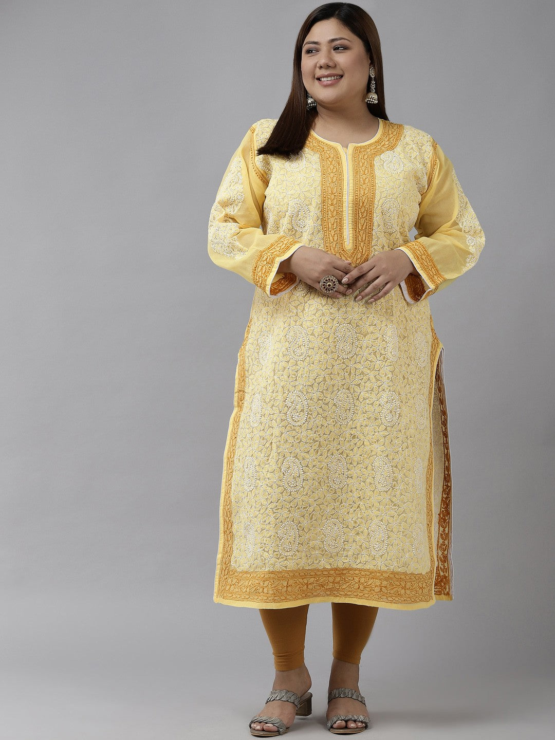 Ada Hand Embroidered Yellow Cotton Lucknowi Chikankari Straight Kurta A411134