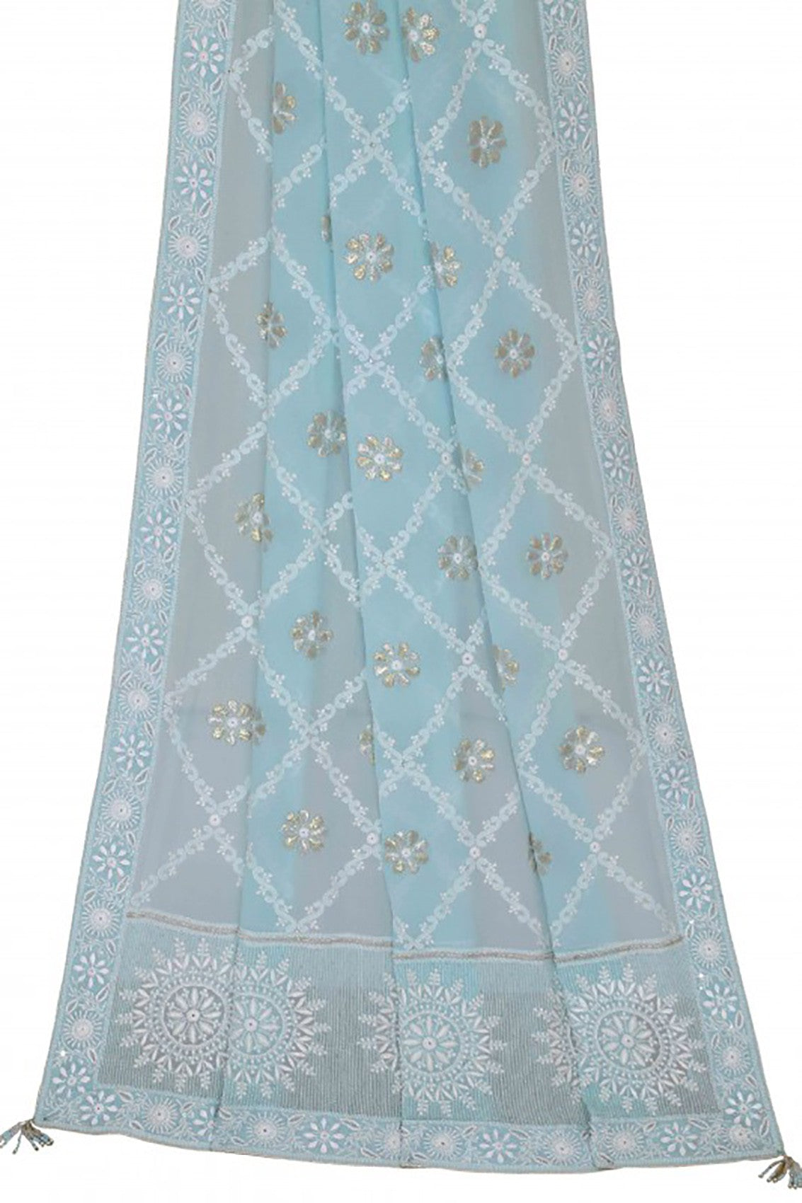 Ada Hand Embroidered Blue Chiffon Lucknowi Chikankari Dupatta With Gota Patti Work A600709