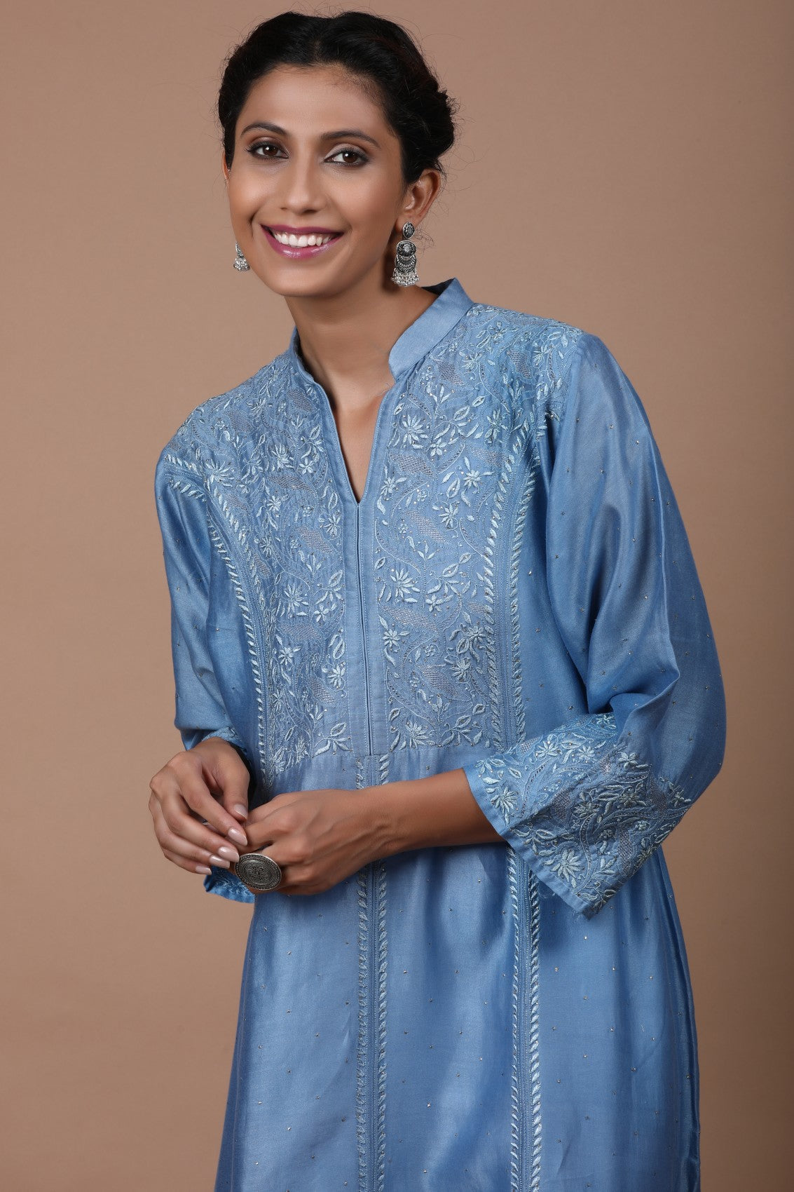 Ada Hand Embroidered Sapphire Blue Chanderi Lucknowi Chikankari Semi-Stitched Anarkali Kurta Dupatta Set With Muqaish Work A623456