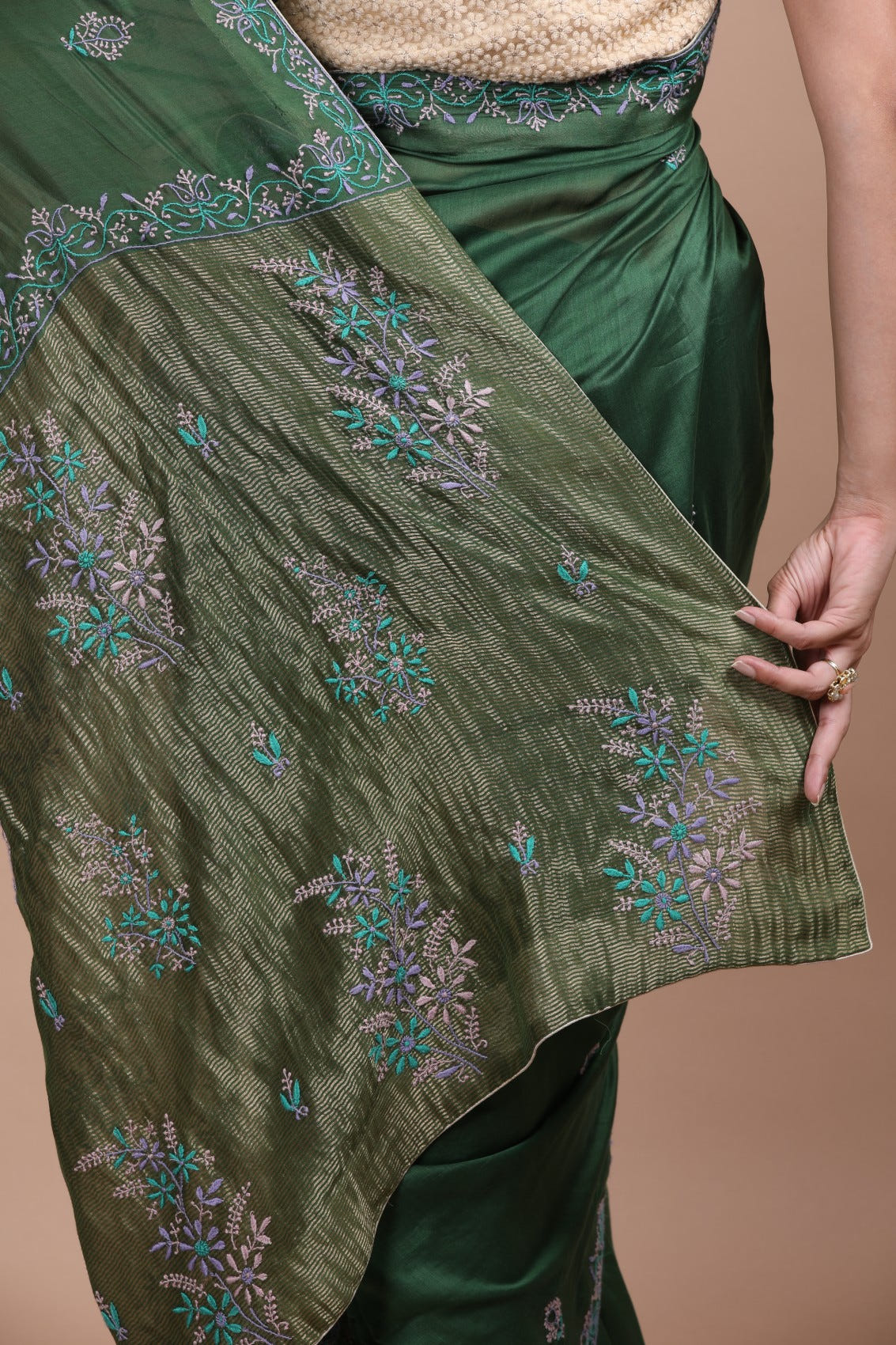 Ada Hand Embroidered Juniper Green Chanderi Lucknowi Chikankari Saree With Blouse A105790