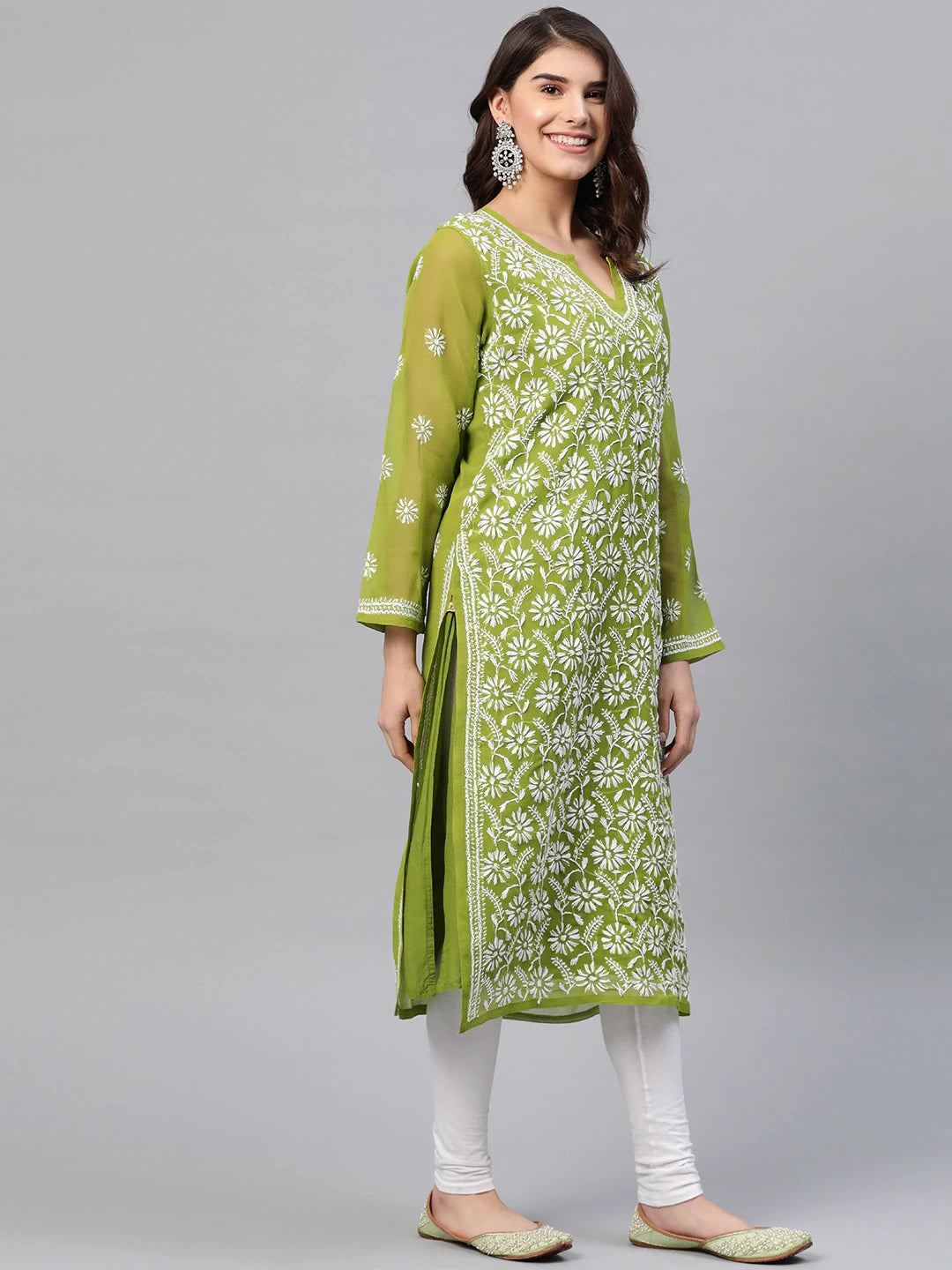 Ada Hand Embroidered Olive Green Georgette Lucknow Chikankari Straight Kurta with Slip A90406