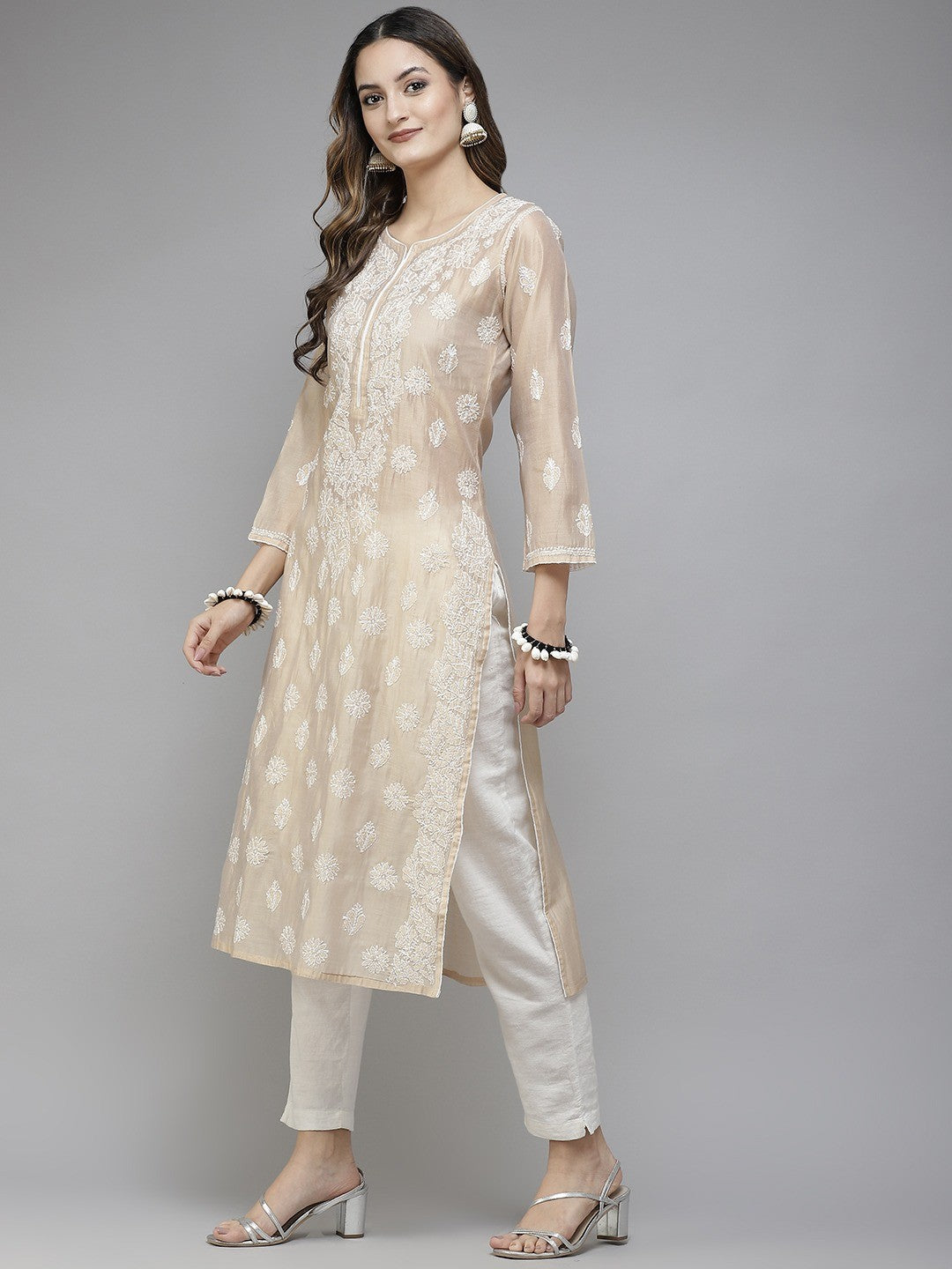 Ada Hand Embroidered Fawn Chanderi Lucknowi Chikan Kurta A411340