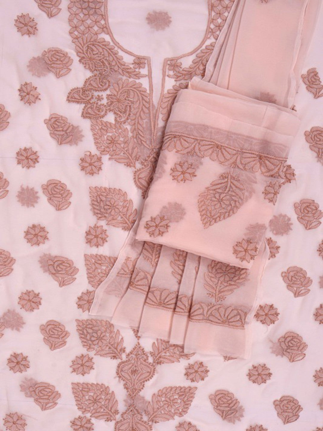 Ada Hand Embroidered Fawn Georgette Lucknowi Chikan Unstitched Suit Piece A211224