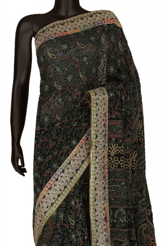 Ada Hand Embroidered Black Pure Georgette Lucknowi Chikankari Saree/Blouse With Sequinned Work- A30499