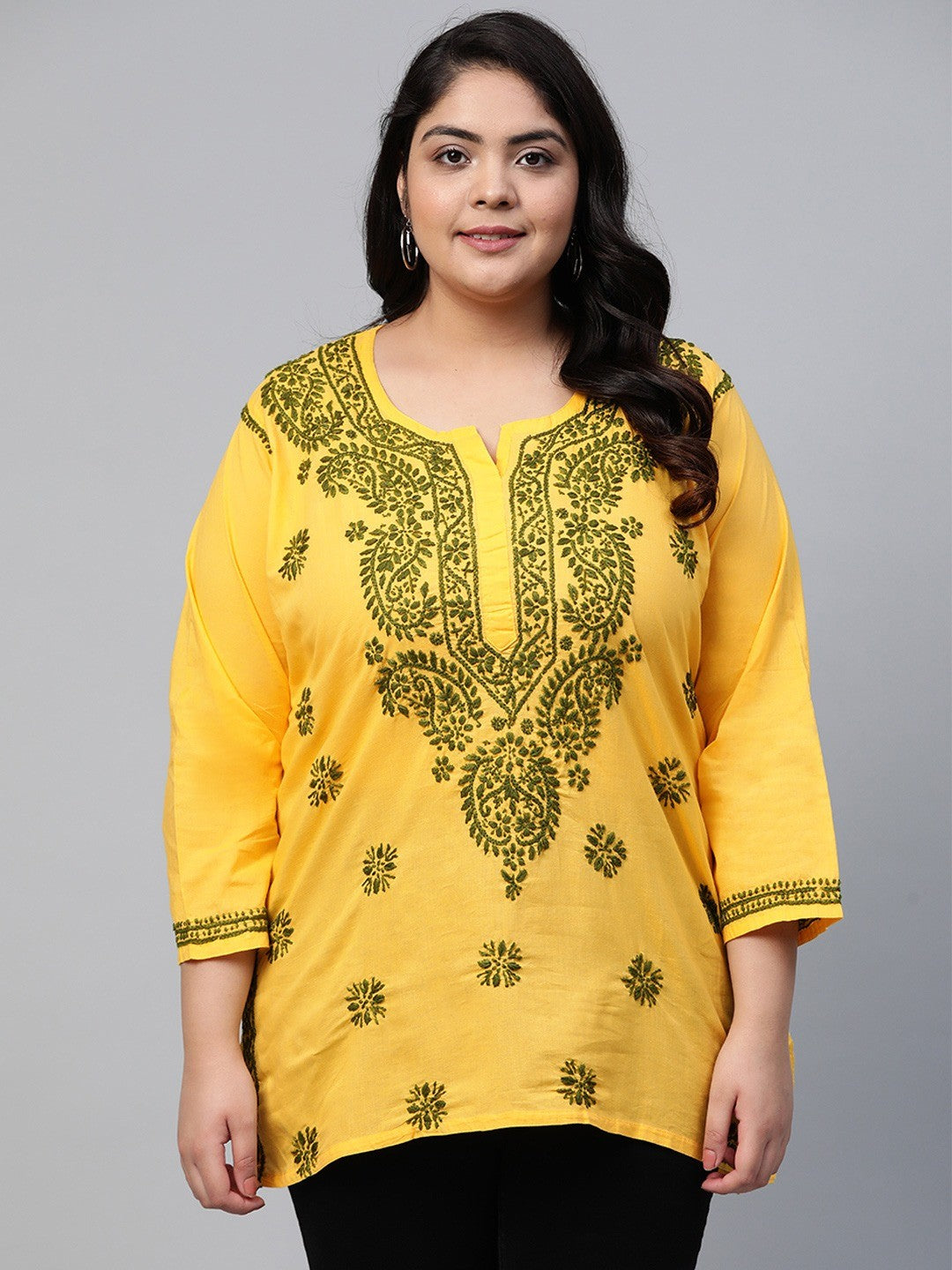 Ada Hand Embroidered Yellow Pure Cambric Cotton Lucknowi Chikan Kurti A250458