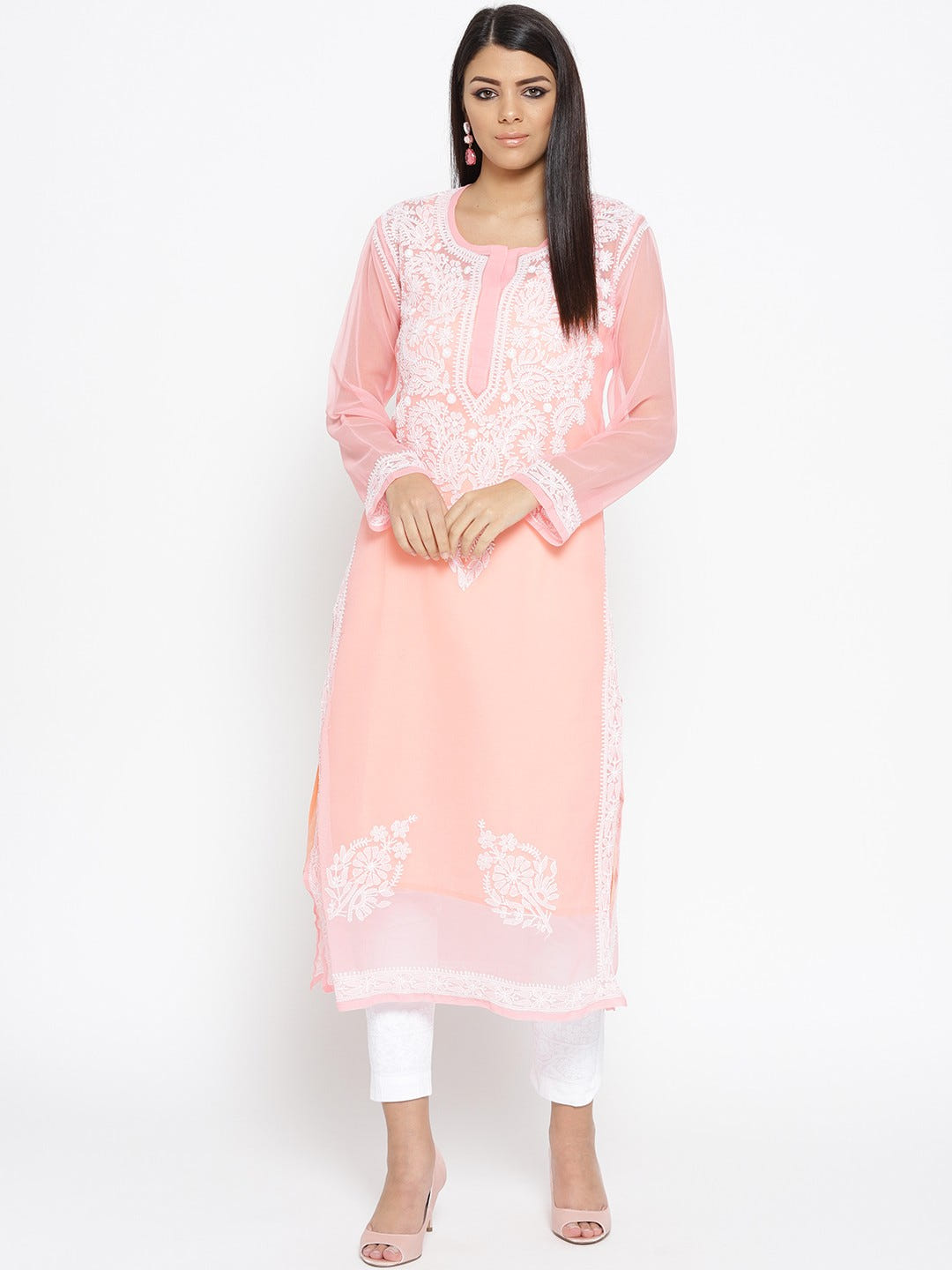 Ada Hand Embroidered Peach Faux Georgette Lucknowi Chikankari Kurta Set With Slip A100044