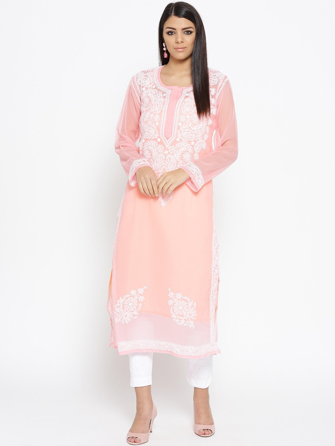 Ada Hand Embroidered Peach Faux Georgette Lucknowi Chikankari Kurta Set With Slip A100044