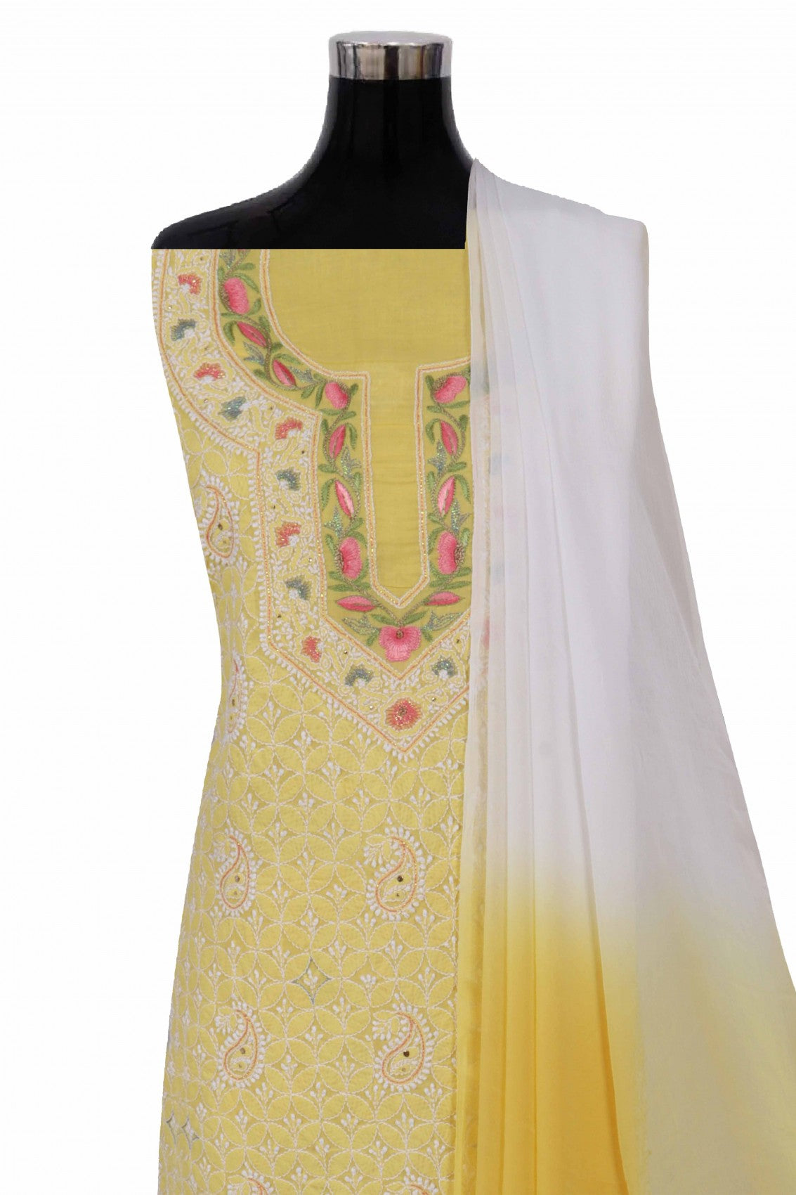 Ada Hand Embroidered Yellow Cotton Lucknowi Chikan Unstitched Suit Piece With Muqaish work 01A204436