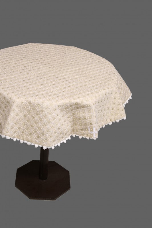 Ada Hand Embroidered Natural Fawn Tussar Silk Lucknowi Chikankari Table Cover With Pearl Work A504716