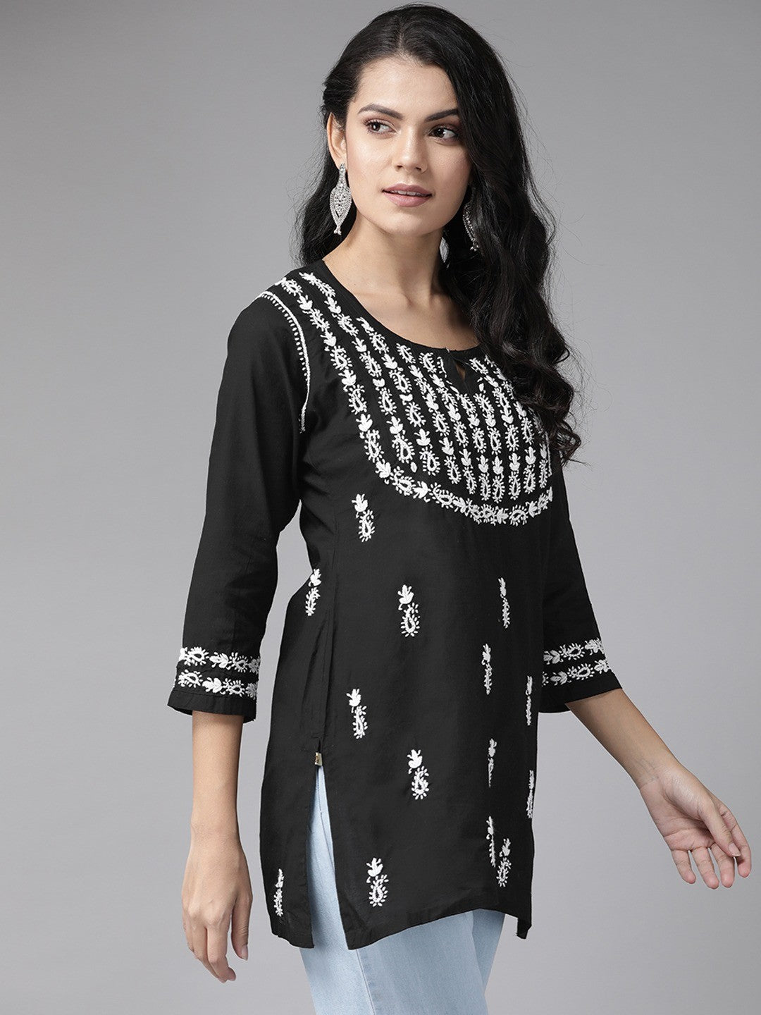 Ada Hand Embroidered Black Cotton Lucknowi Chikankari Straight Kurti- A911118