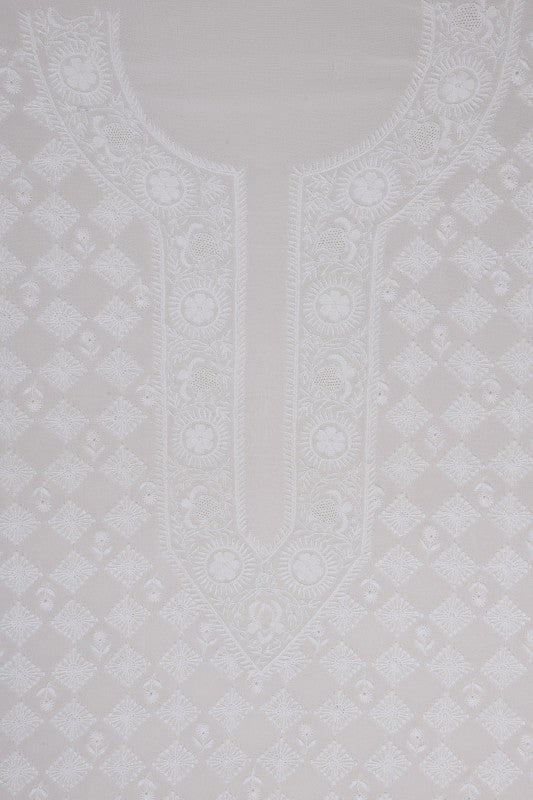 Ada Hand Embroidered White Pure Georgette Lucknowi Chikan Unstitched Men's Kurta Piece- A163836