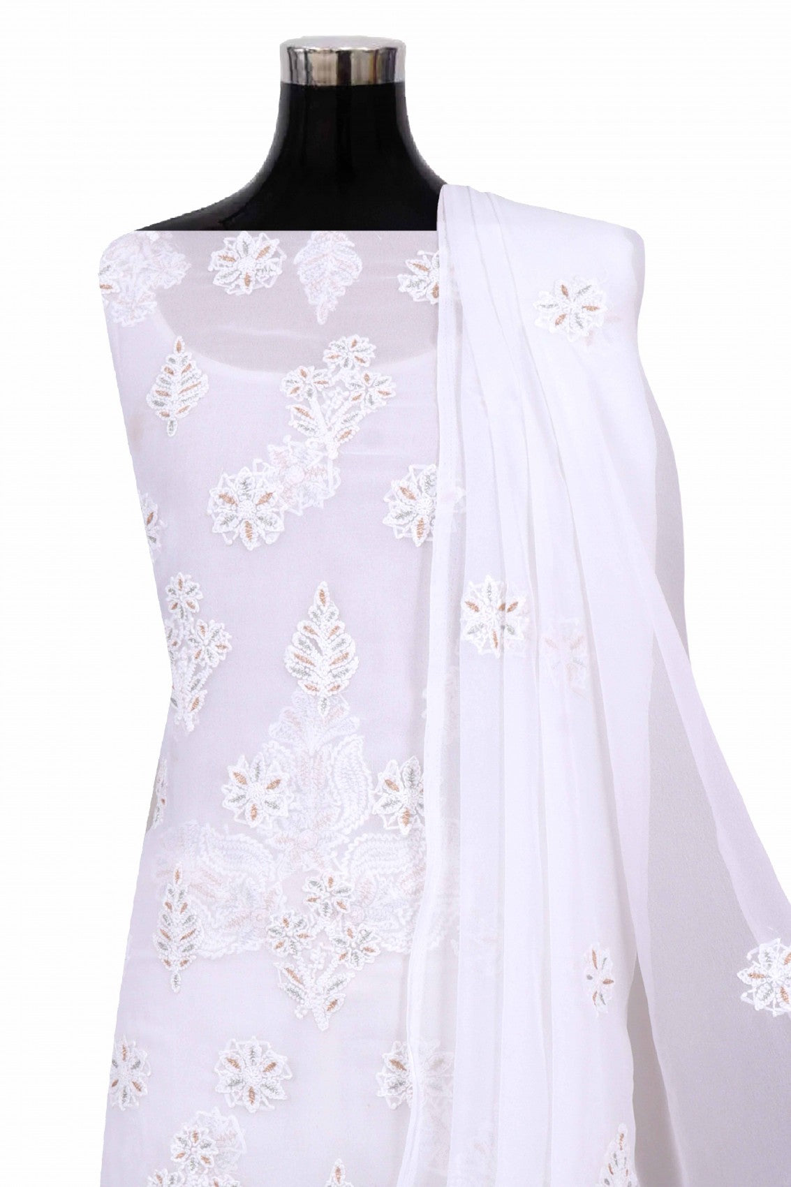 Ada Hand Embroidered White Georgette Lucknowi Chikankari Unstitched Suit Piece With Zari Work 01A69620