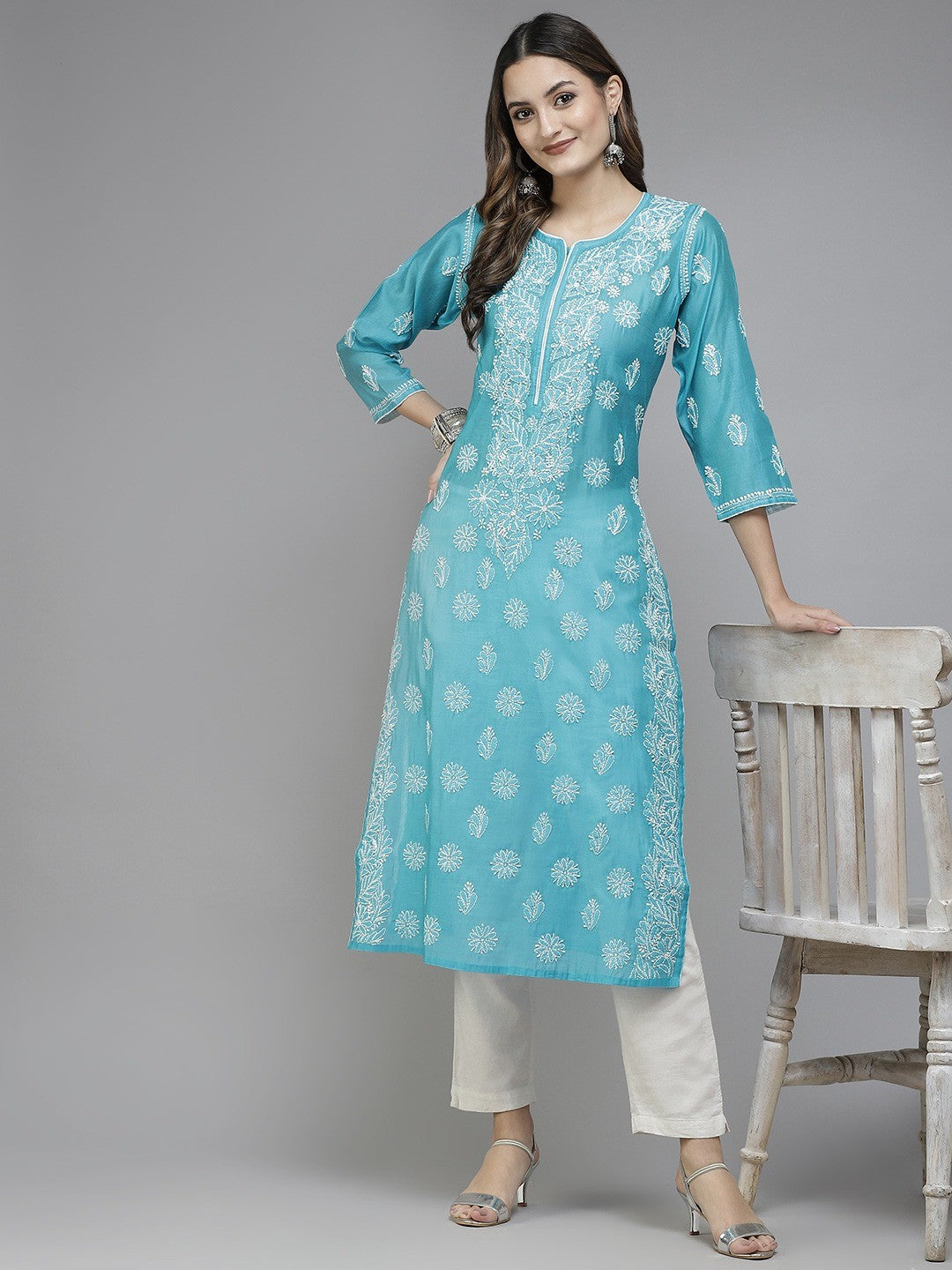 Ada Hand Embroidered Blue Chanderi Lucknowi Chikan Straight Kurta A411342