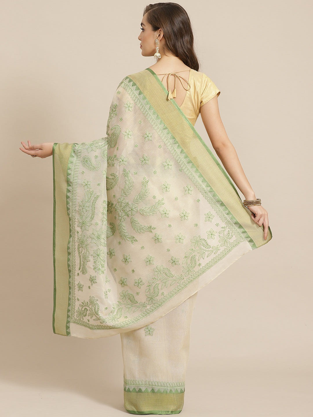 Ada Hand Embroidered Fawn Kota Lucknowi Chikankari Saree Blouse A311261