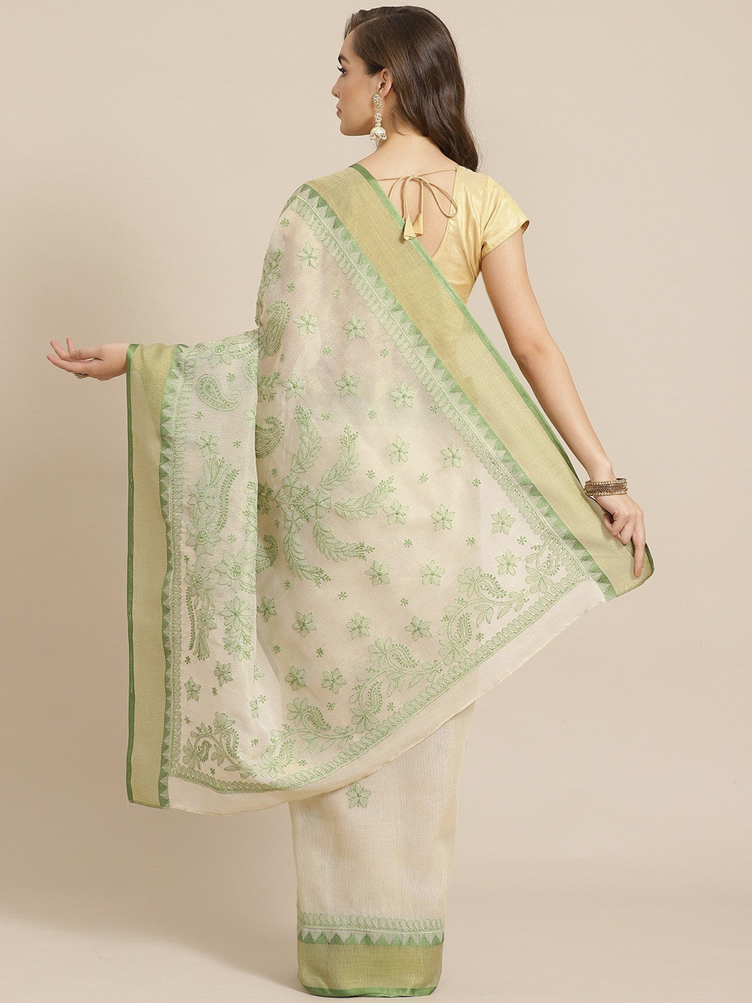 Ada Hand Embroidered Fawn Kota Lucknowi Chikankari Saree Blouse A311261