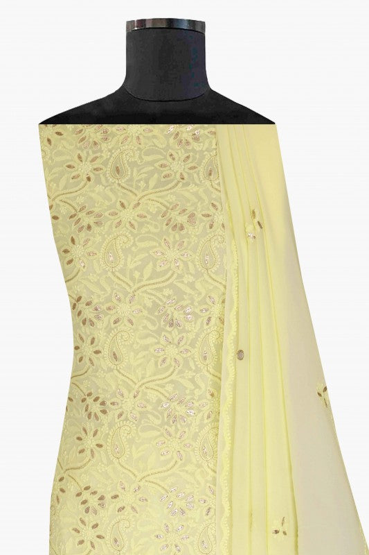 Ada Hand Embroidered Lemon Georgette Lucknowi Chikan Unstitched Kurta Dupatta Set With Gota Patti Work- A613195