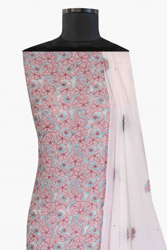 Ada Hand Embroidered White Georgette Lucknowi Chikan Unstitched Kurta Dupatta Set with Muqaish Work A157225