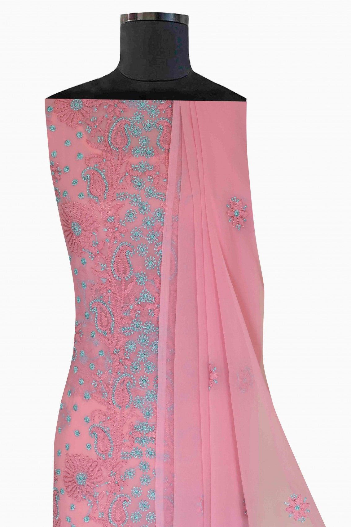 Ada Hand Embroidered Onion Pink Georgette Lucknowi Chikankari Unstitched Suit Piece A211183