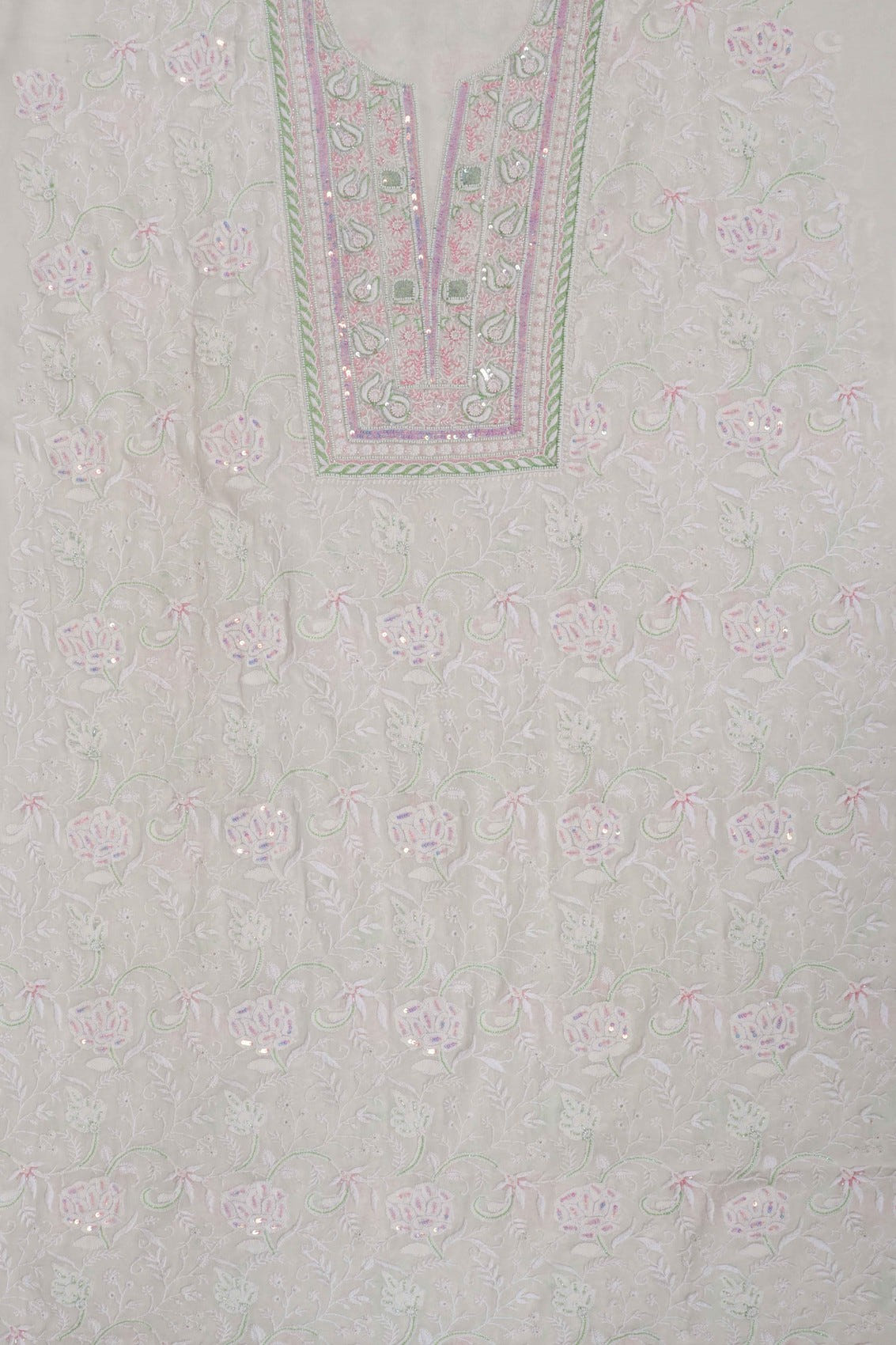 Ada Hand Embroidered White Pure Georgette Lucknowi Chikankari Unstitched Kurta Dupatta Set With Pearl Work A621851