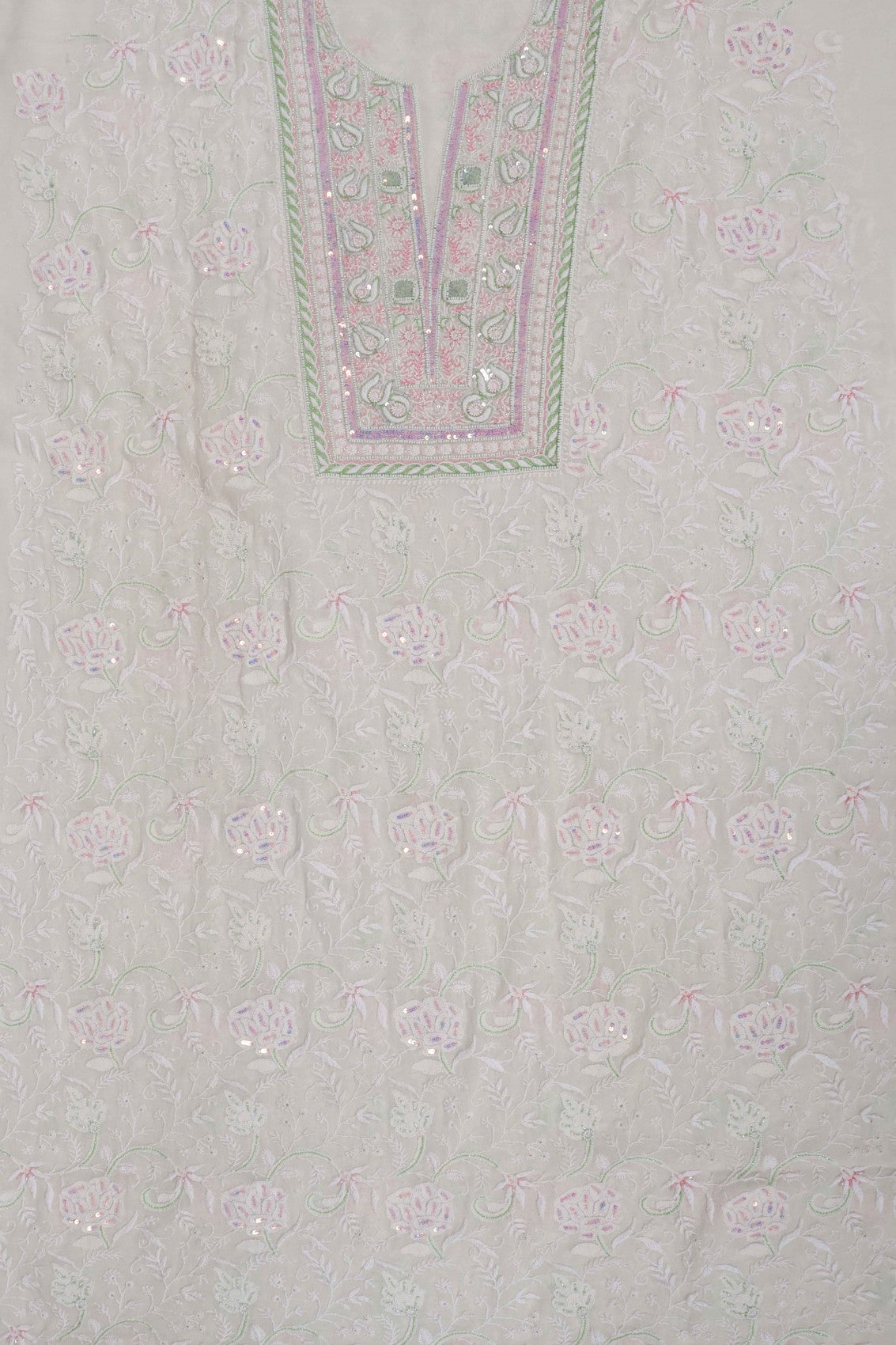 Ada Hand Embroidered White Pure Georgette Lucknowi Chikankari Unstitched Kurta Dupatta Set With Pearl Work A621851