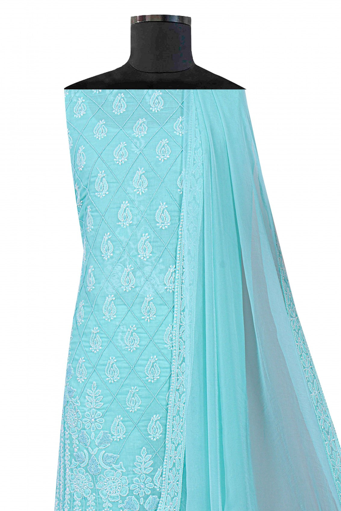 Ada Hand Embroidered Sea Green Cotton Lucknowi Chikankari Unstitched Suit Piece With Pearl Work 01A167494